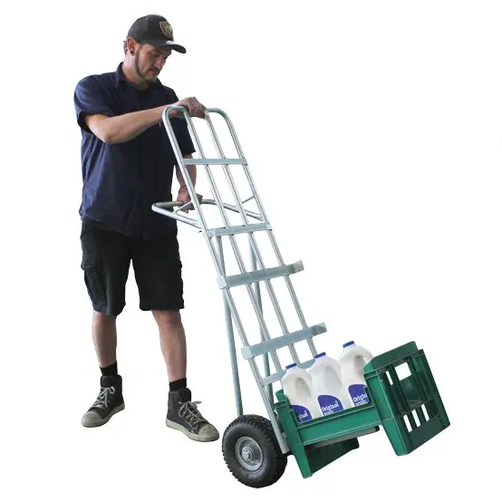 "NZ Made 200kg Milk Crate Hand Truck with steel centre wheels."